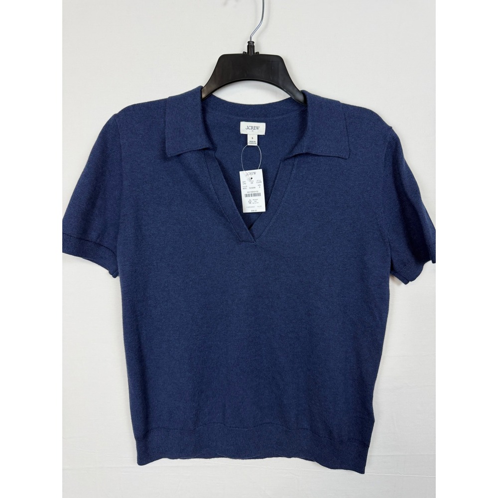 J.Crew NWT Women Cotton Cashmere Polo Sweater S Blue Short Sleeve V-Neck CU235